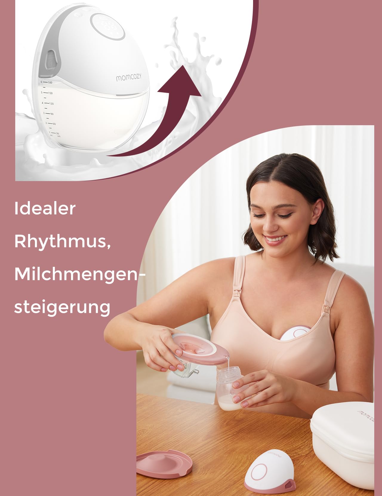 Momcozy M6 Milchpumpe – tragbare Stillpumpe mit DoubleFit-Flansch 24 mm, 3 Modi & 9 Stufen, leise & diskret, Farbe Grau