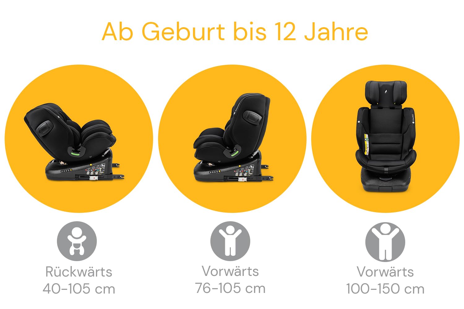 Osann Eno360 i-Size, drehbarer Kindersitz 40-150 cm, Reboarder mit Isofix, Baby Autositz – All Black