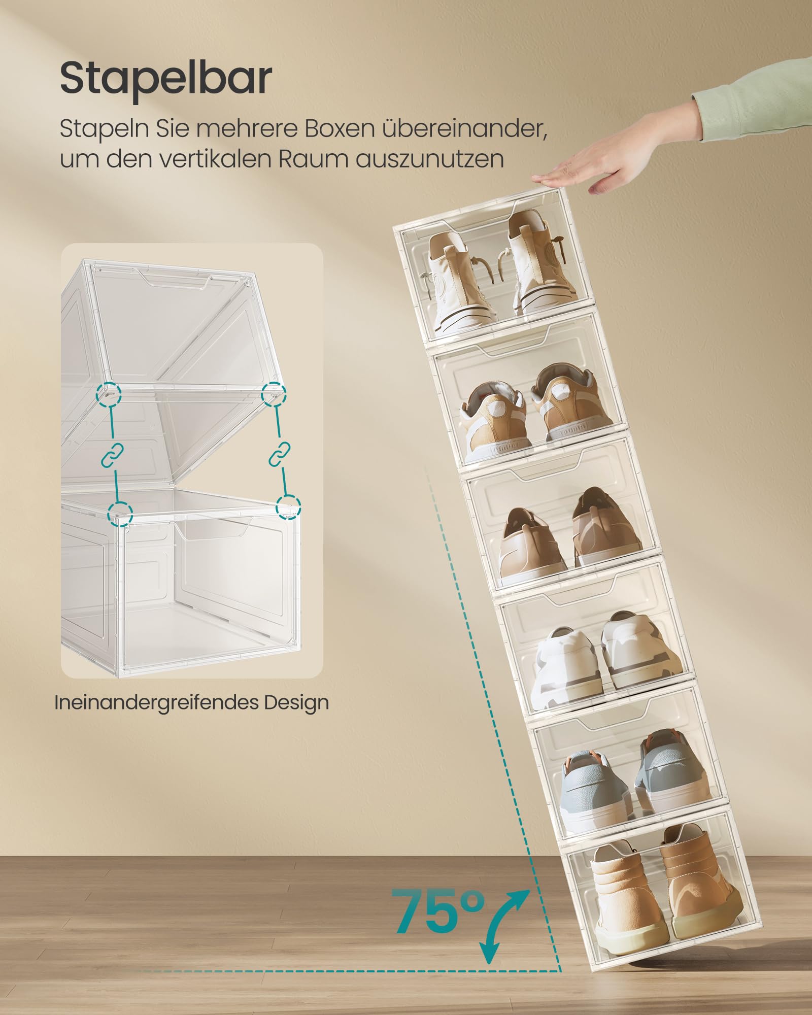 SONGMICS Schuhboxen, Schuh-Organizer aus Kunststoff, mit Tür, durchsichtig, 12er Set, stapelbar, einfache Montage, 34 x 25 x 18,4 cm, für Schuhe