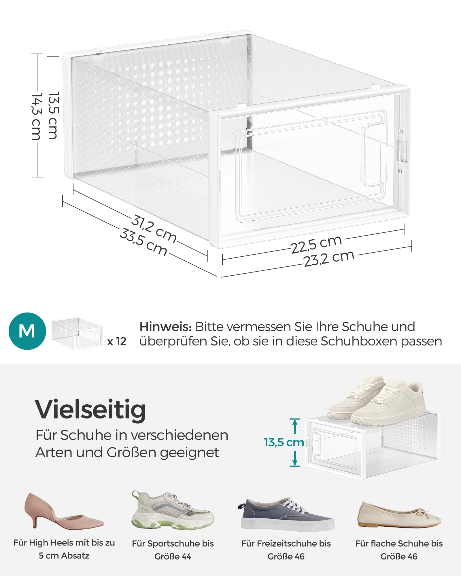 SONGMICS Schuhboxen, 12er Set, Schuh-Organizer aus Kunststoff, faltbar und stapelbar, für Schuhe bis Größe 44, transparent-weiß LSP12SWT