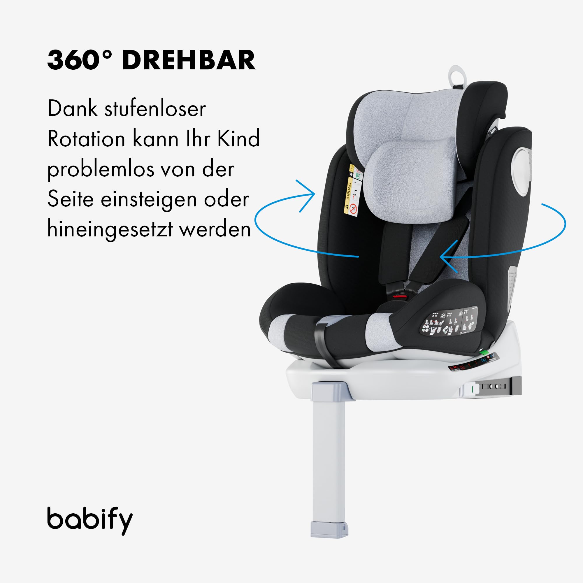 Babify 360° Kindersitz – ISOFIX & Stützfuß, rückwärts/vorwärts nutzbar, 40–150 cm (0–12 J.), 5-Punkt-Gurt, verstellbare Kopfstütze, Grau