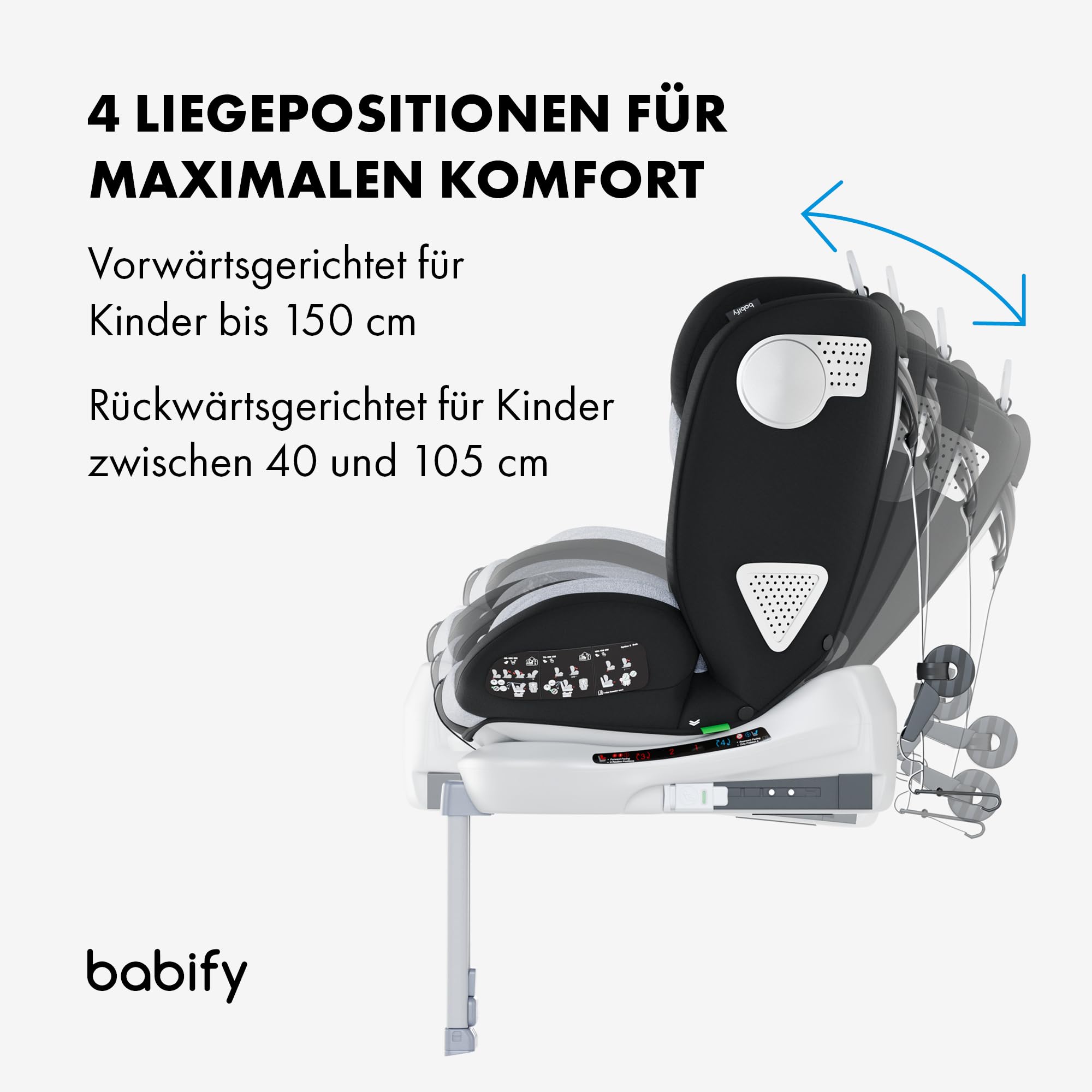 Babify 360° Kindersitz – ISOFIX & Stützfuß, rückwärts/vorwärts nutzbar, 40–150 cm (0–12 J.), 5-Punkt-Gurt, verstellbare Kopfstütze, Grau