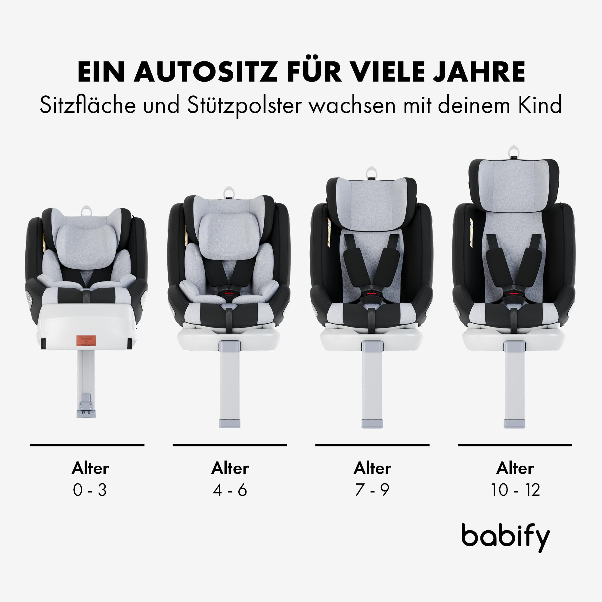Babify 360° Kindersitz – ISOFIX & Stützfuß, rückwärts/vorwärts nutzbar, 40–150 cm (0–12 J.), 5-Punkt-Gurt, verstellbare Kopfstütze, Grau