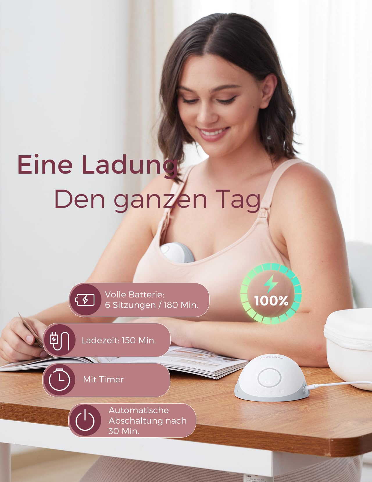 Momcozy M6 Milchpumpe – tragbare Stillpumpe mit DoubleFit-Flansch 24 mm, 3 Modi & 9 Stufen, leise & diskret, Farbe Grau