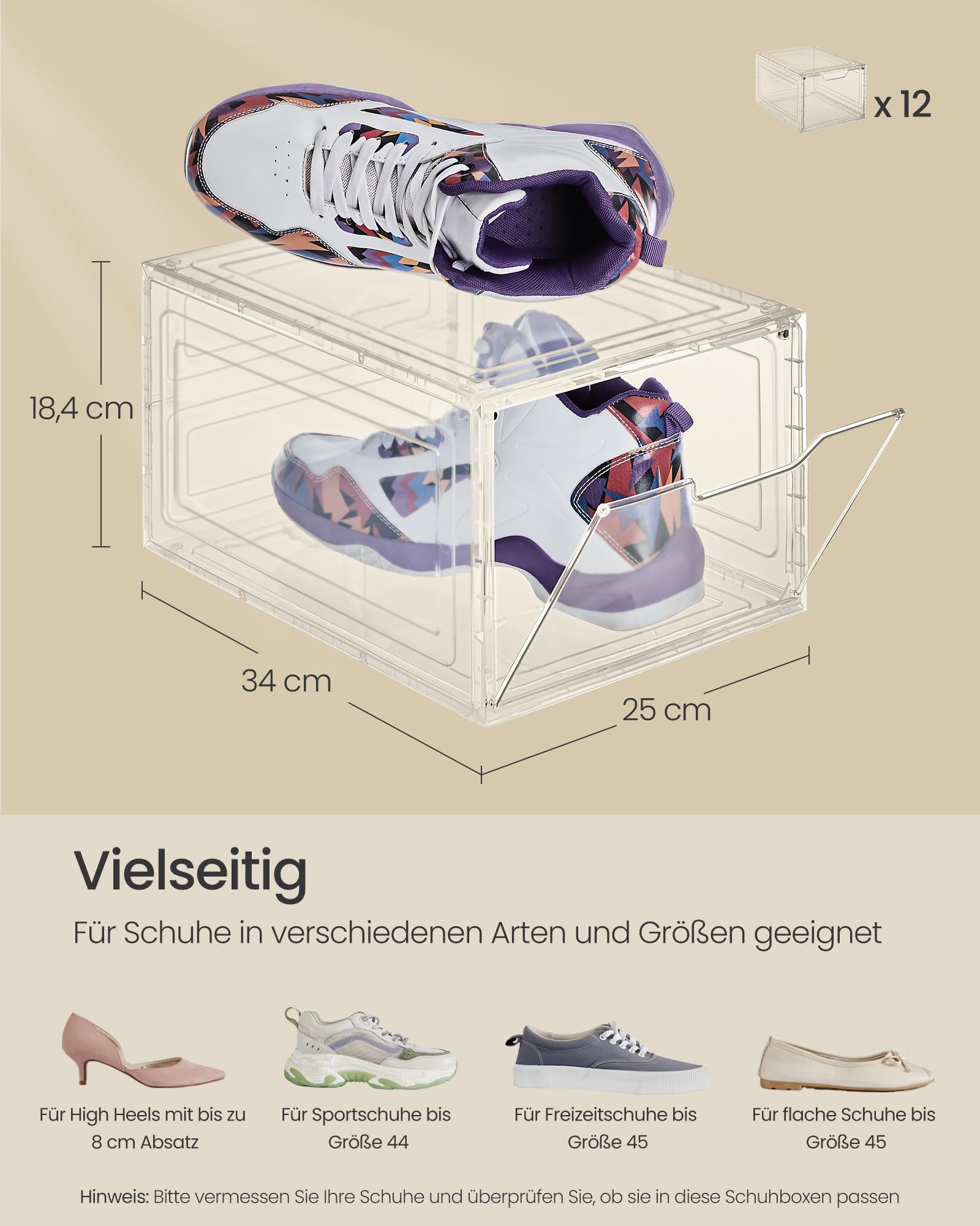 SONGMICS Schuhboxen, Schuh-Organizer aus Kunststoff, mit Tür, durchsichtig, 12er Set, stapelbar, einfache Montage, 34 x 25 x 18,4 cm, für Schuhe