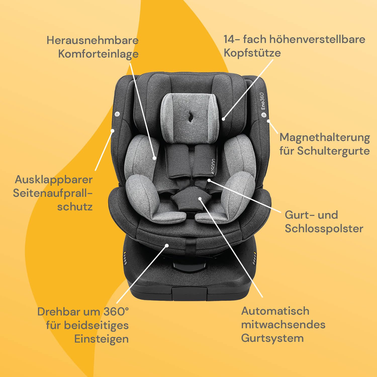 Osann Eno360 i-Size, drehbarer Kindersitz 40-150 cm, Reboarder mit Isofix, Baby Autositz – Dark Grey Melange