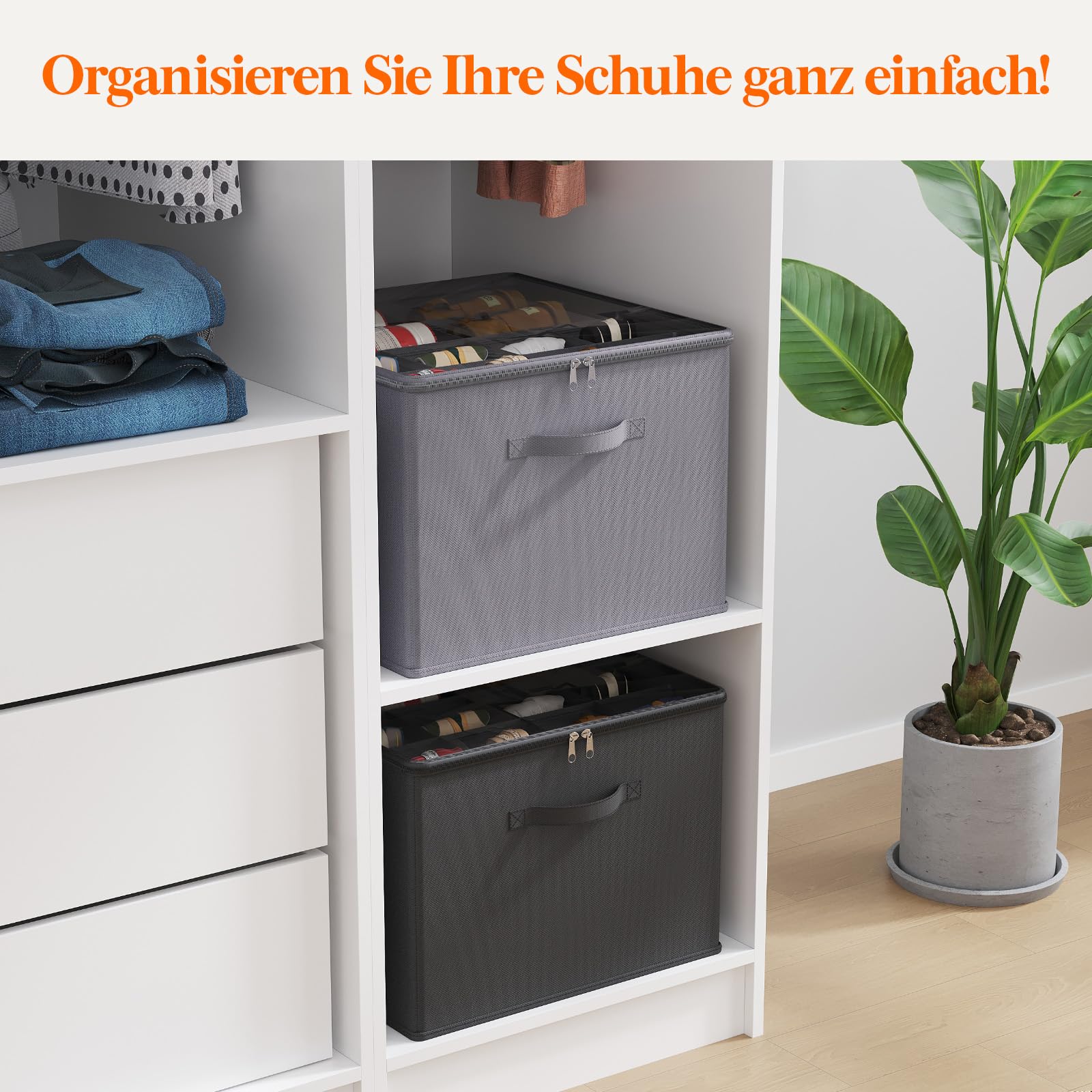 Lifewit Schuhorganizer 1er Set für 8 Paar, Großer Schuhschran für Closet mit Unterteilungen und Deckel, Platzsparende Schuhkarton mit Griffen für Schuhaufbewahrung, Grau