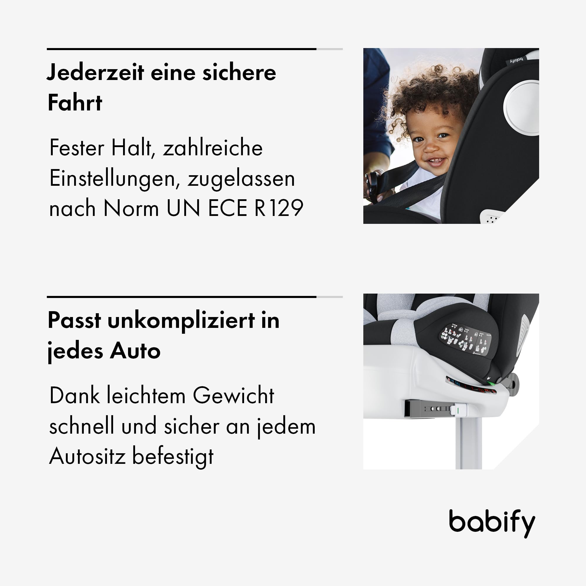 Babify 360° Kindersitz – ISOFIX & Stützfuß, rückwärts/vorwärts nutzbar, 40–150 cm (0–12 J.), 5-Punkt-Gurt, verstellbare Kopfstütze, Grau