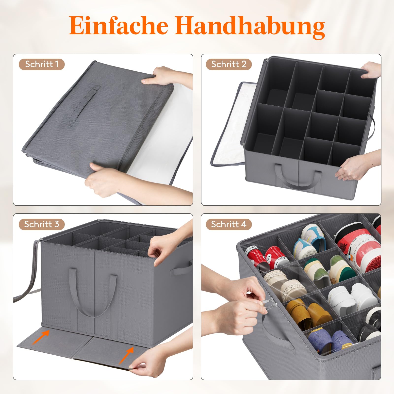 Lifewit Schuhorganizer 1er Set für 8 Paar, Großer Schuhschran für Closet mit Unterteilungen und Deckel, Platzsparende Schuhkarton mit Griffen für Schuhaufbewahrung, Grau