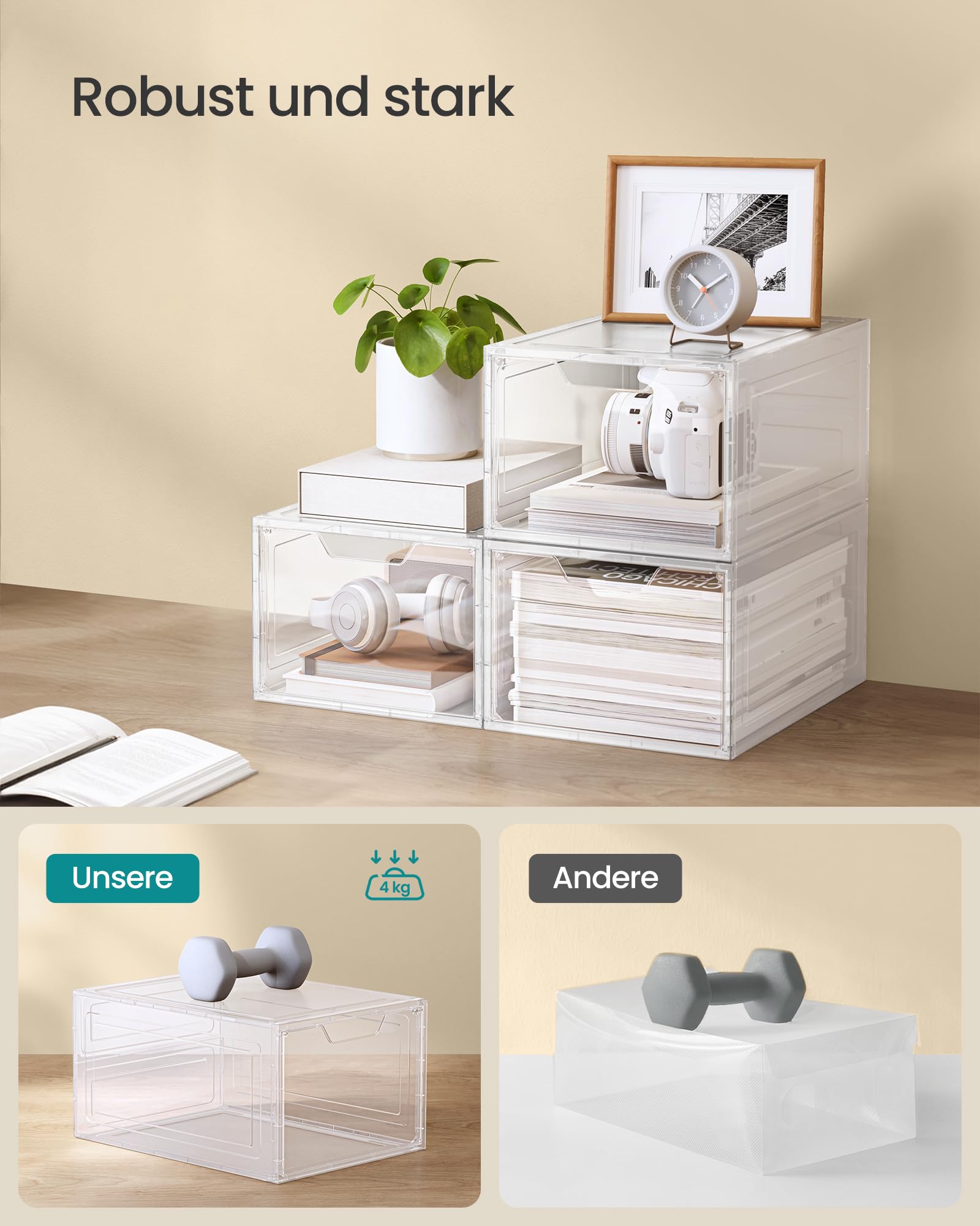 SONGMICS Schuhboxen, Schuh-Organizer aus Kunststoff, mit Tür, durchsichtig, 12er Set, stapelbar, einfache Montage, 34 x 25 x 18,4 cm, für Schuhe