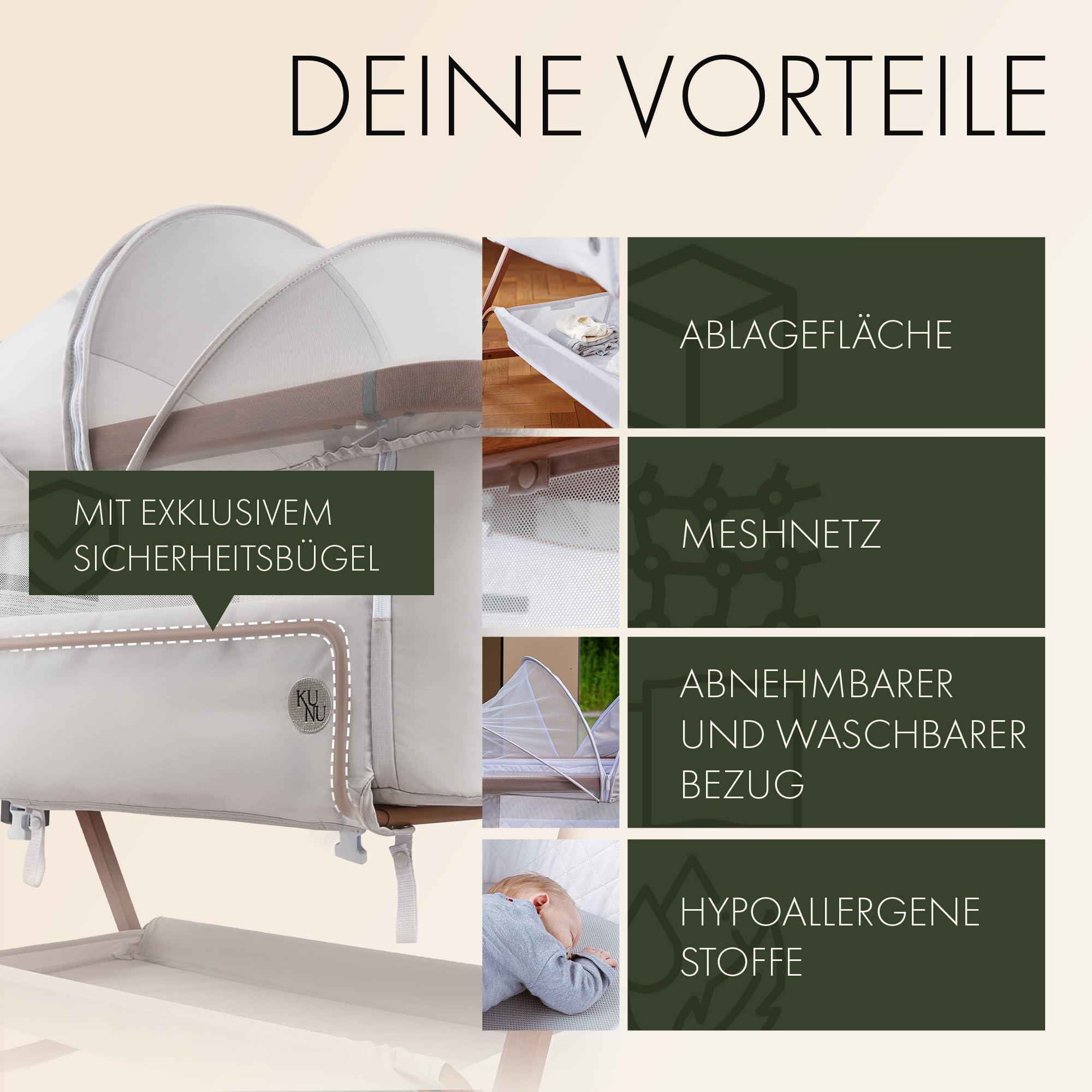 KUNU® Baby-Beistellbett 2.0 – sicher getestet, höhenverstellbar, mit Rollen & Wiegefunktion, Matratze & Tragetasche inkl.