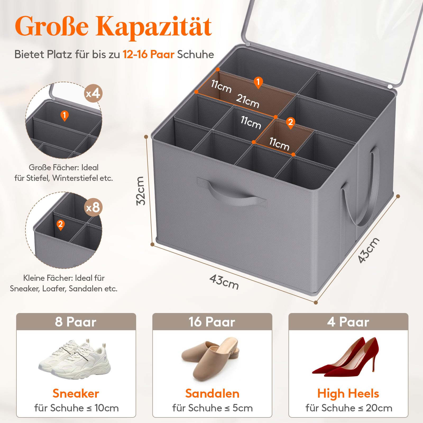 Lifewit Schuhorganizer 1er Set für 8 Paar, Großer Schuhschran für Closet mit Unterteilungen und Deckel, Platzsparende Schuhkarton mit Griffen für Schuhaufbewahrung, Grau