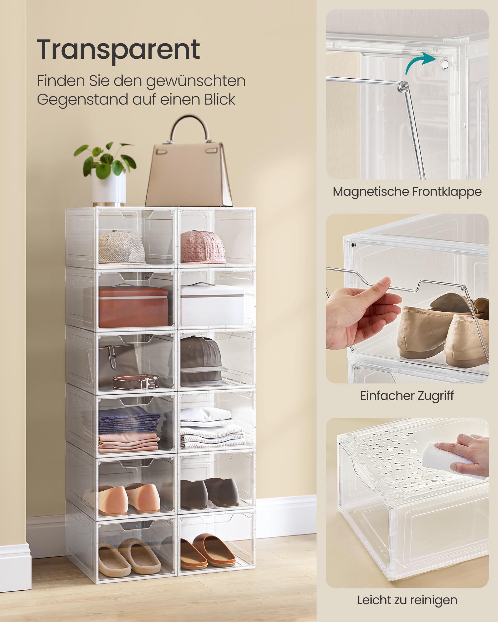 SONGMICS Schuhboxen, Schuh-Organizer aus Kunststoff, mit Tür, durchsichtig, 12er Set, stapelbar, einfache Montage, 34 x 25 x 18,4 cm, für Schuhe