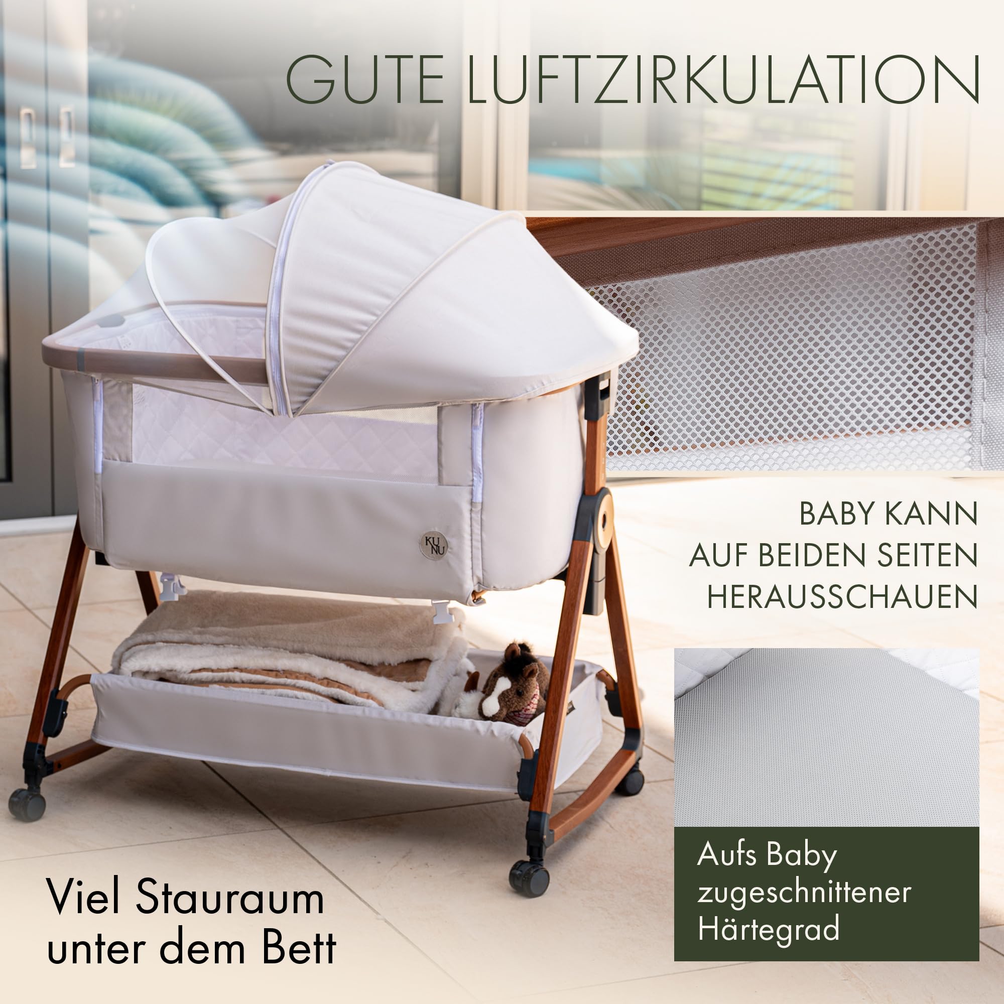 KUNU® Baby-Beistellbett 2.0 – sicher getestet, höhenverstellbar, mit Rollen & Wiegefunktion, Matratze & Tragetasche inkl.
