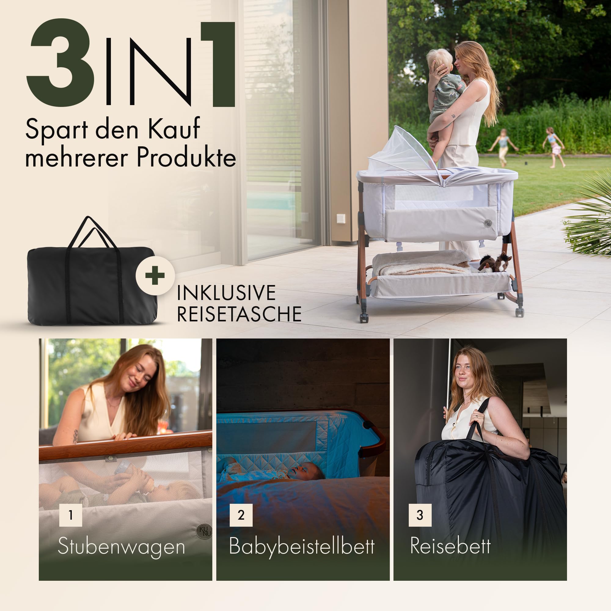 KUNU® Baby-Beistellbett 2.0 – sicher getestet, höhenverstellbar, mit Rollen & Wiegefunktion, Matratze & Tragetasche inkl.