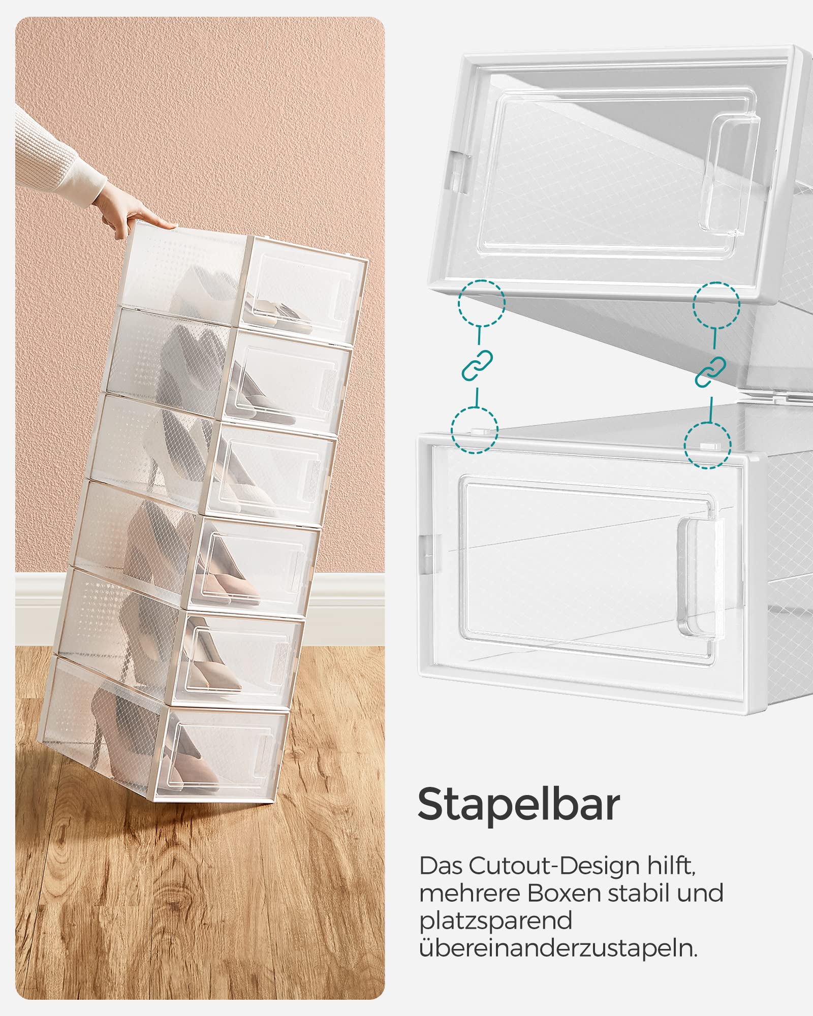 SONGMICS Schuhboxen, 12er Set, Schuh-Organizer aus Kunststoff, faltbar und stapelbar, für Schuhe bis Größe 44, transparent-weiß LSP12SWT