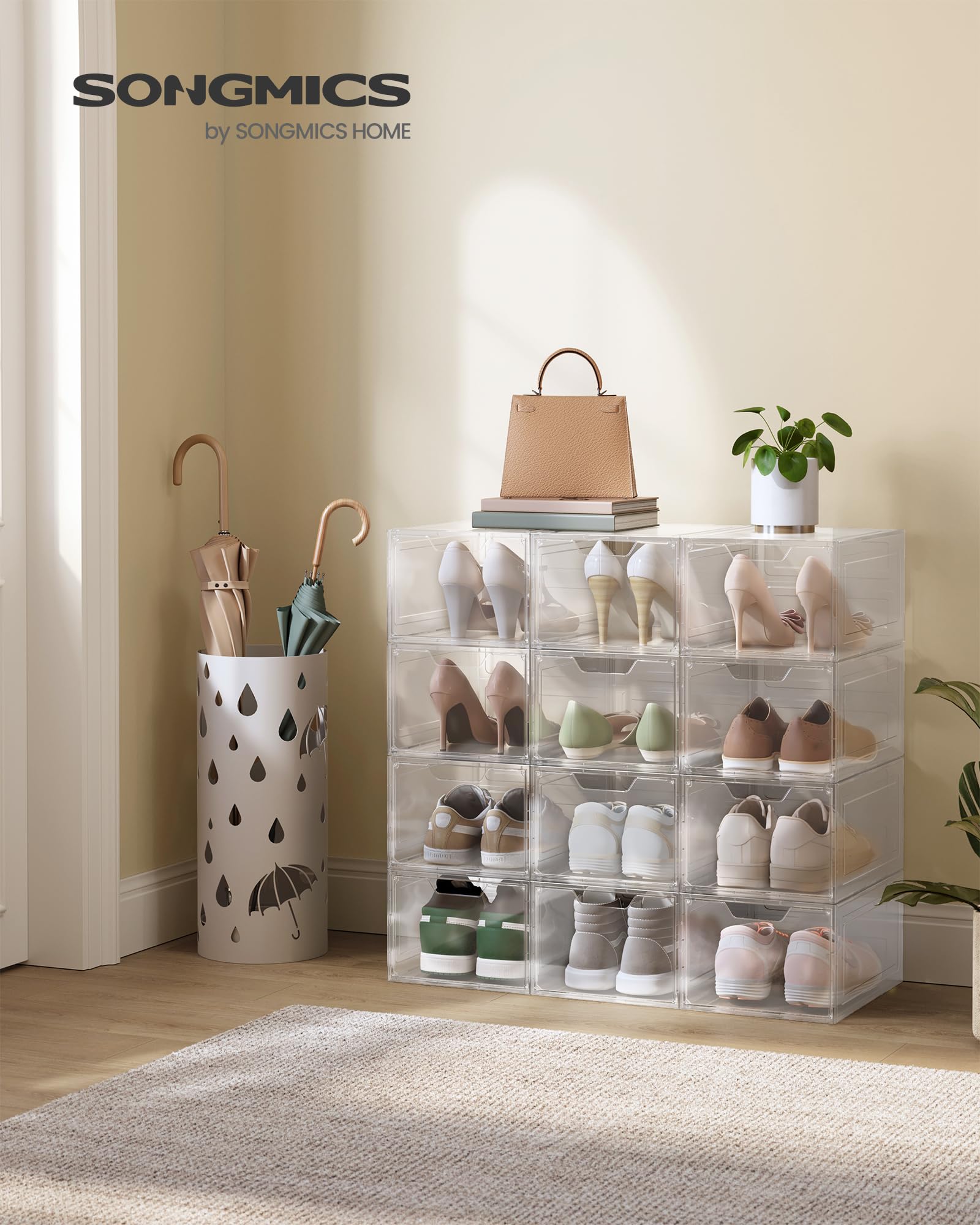SONGMICS Schuhboxen, Schuh-Organizer aus Kunststoff, mit Tür, durchsichtig, 12er Set, stapelbar, einfache Montage, 34 x 25 x 18,4 cm, für Schuhe