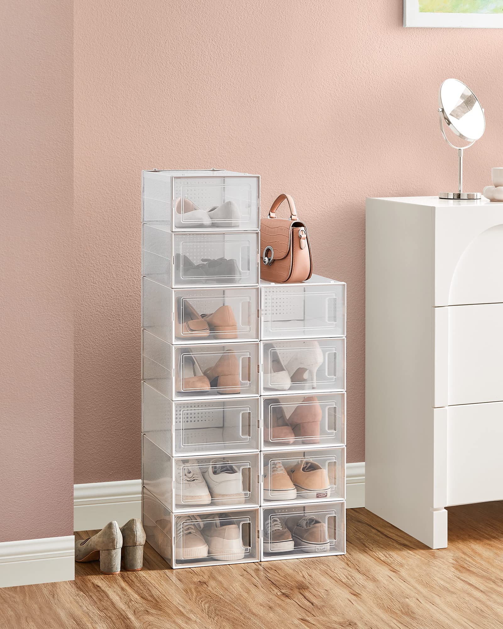 SONGMICS Schuhboxen, 12er Set, Schuh-Organizer aus Kunststoff, faltbar und stapelbar, für Schuhe bis Größe 44, transparent-weiß LSP12SWT