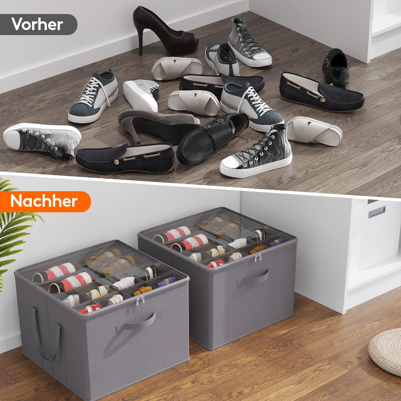 Lifewit Schuhorganizer 1er Set für 8 Paar, Großer Schuhschran für Closet mit Unterteilungen und Deckel, Platzsparende Schuhkarton mit Griffen für Schuhaufbewahrung, Grau