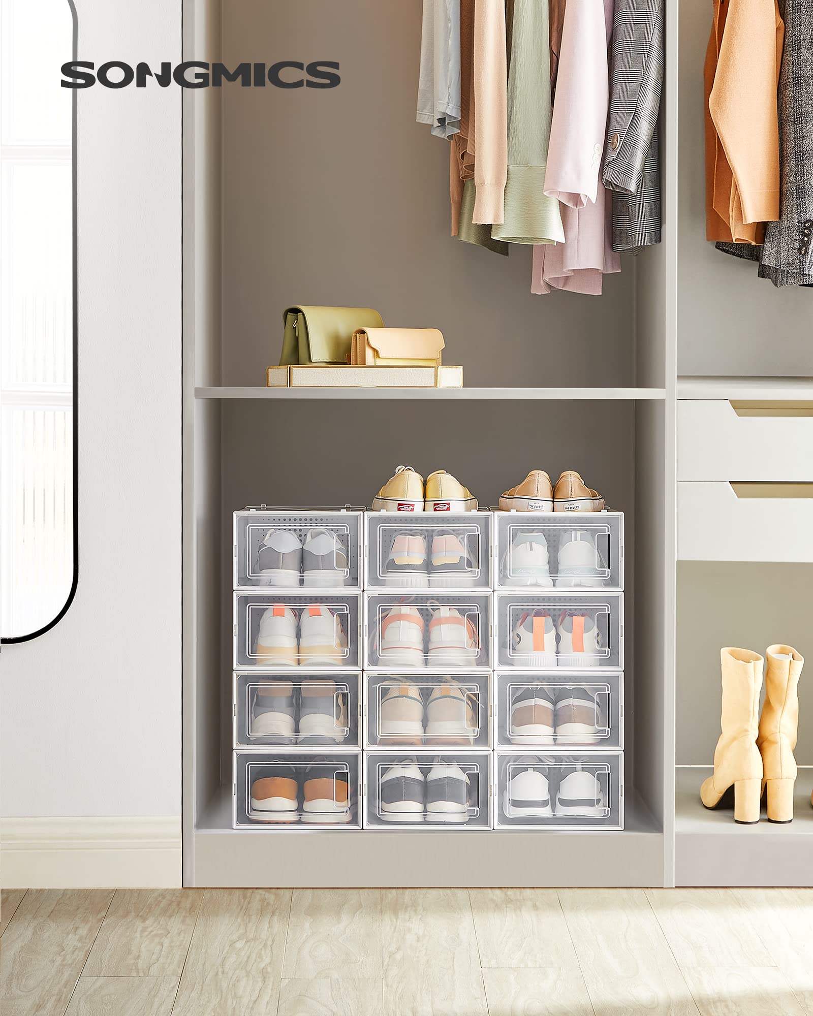 SONGMICS Schuhboxen, 12er Set, Schuh-Organizer aus Kunststoff, faltbar und stapelbar, für Schuhe bis Größe 44, transparent-weiß LSP12SWT