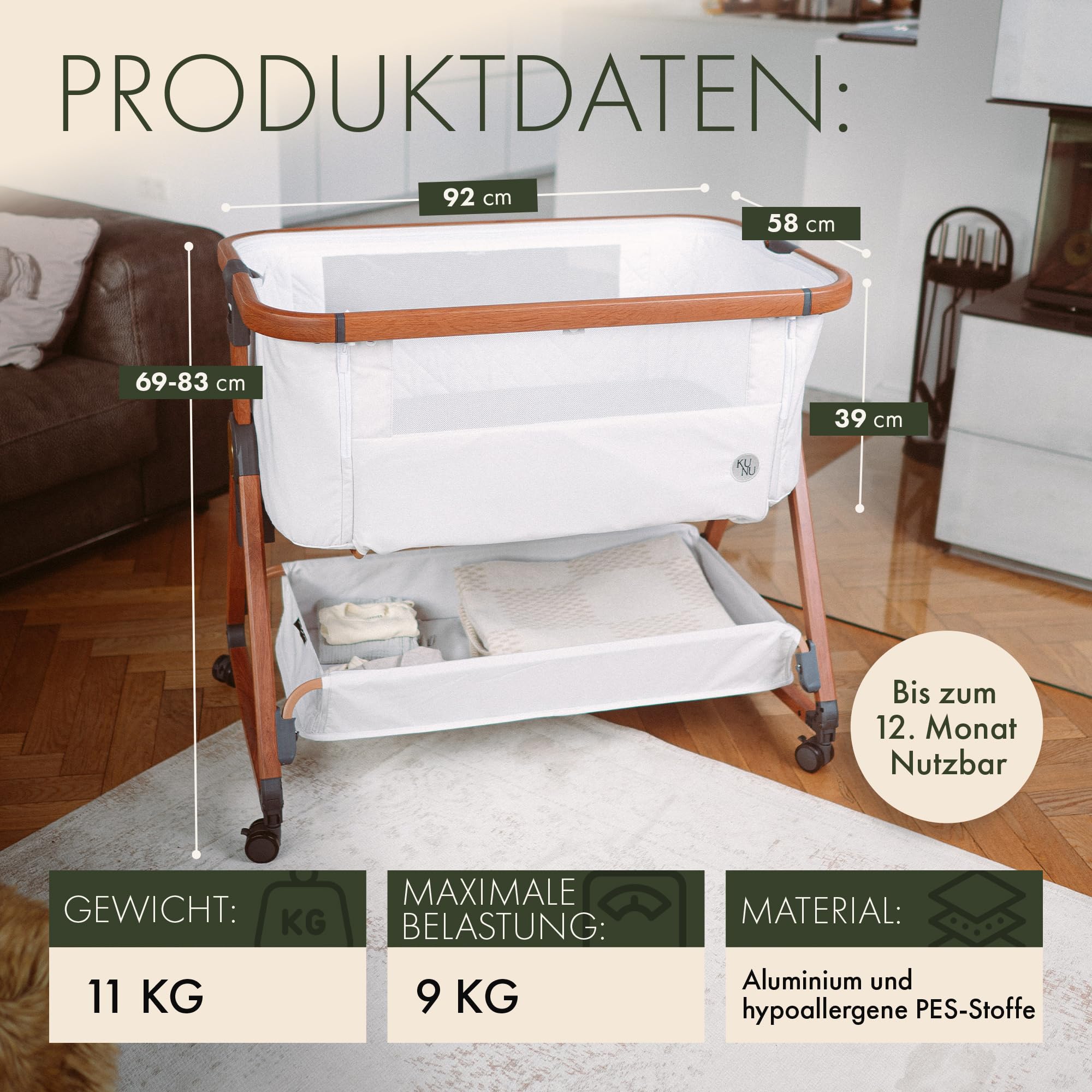 KUNU® Baby-Beistellbett 2.0 – sicher getestet, höhenverstellbar, mit Rollen & Wiegefunktion, Matratze & Tragetasche inkl.