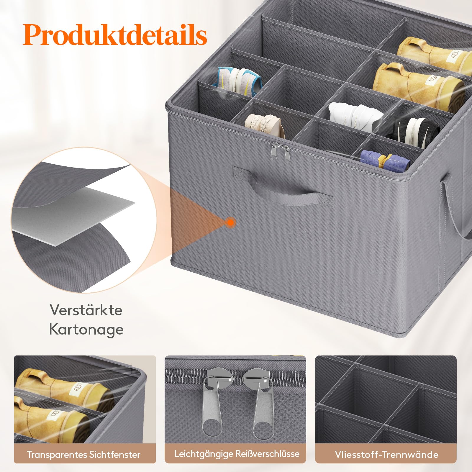 Lifewit Schuhorganizer 1er Set für 8 Paar, Großer Schuhschran für Closet mit Unterteilungen und Deckel, Platzsparende Schuhkarton mit Griffen für Schuhaufbewahrung, Grau